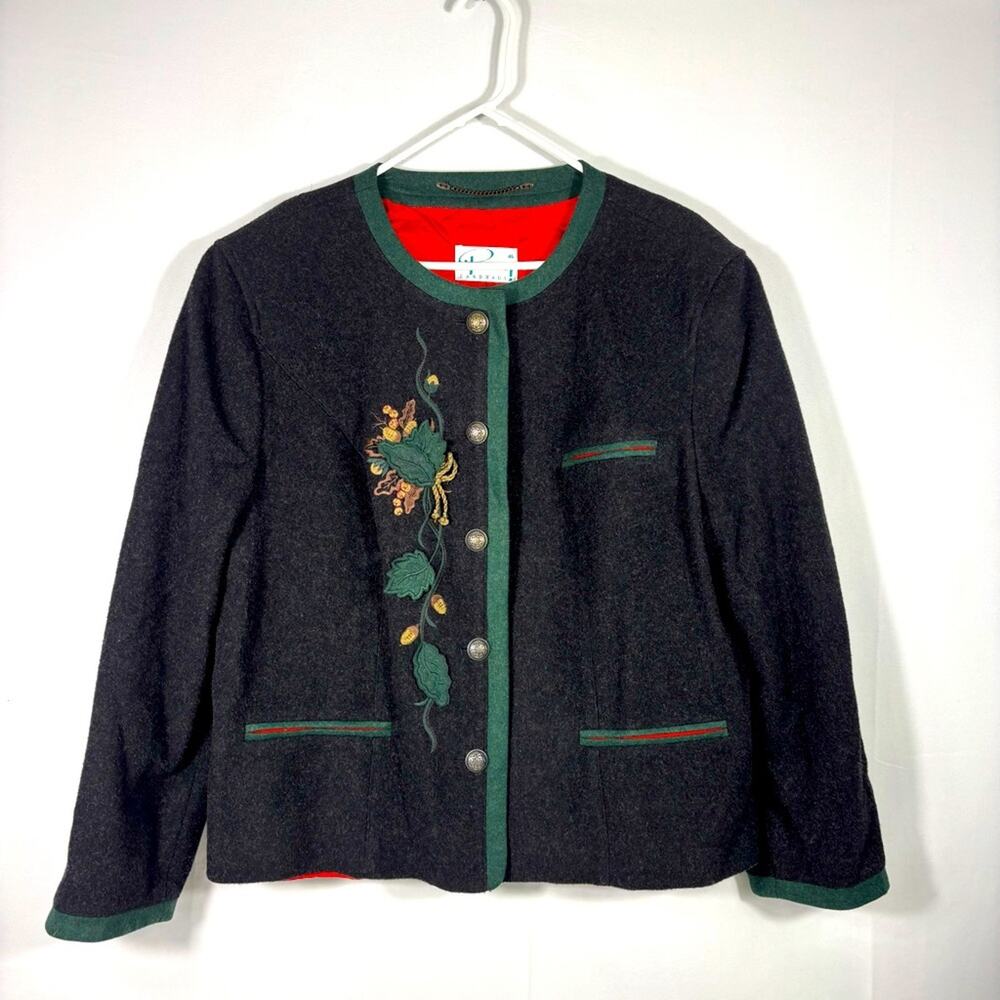Perry Landhaus Virgin Wool Embroidered Jacket Leaf Accents Size 14 T1